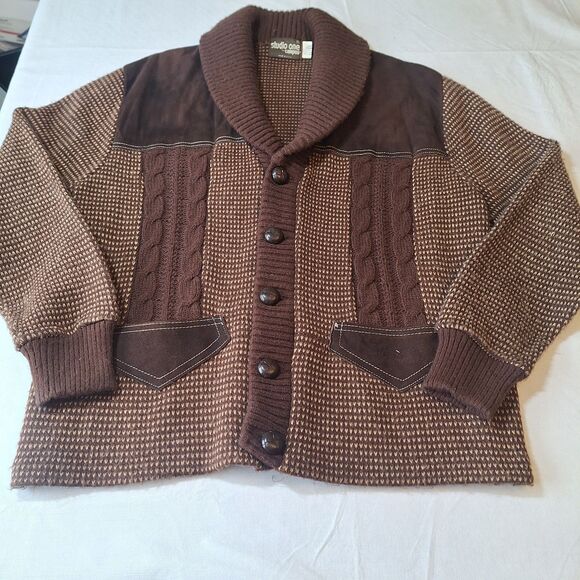 Vintage Studio One By Campus Brown Knit Suede Cardigan Sweater Grandpacore Sz XL - Picture 11 of 11